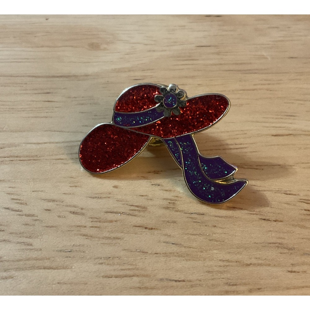 Red Hat Society Lapel Pin Glitter Brooch Purple Ribbon Pinmart Jewelry
